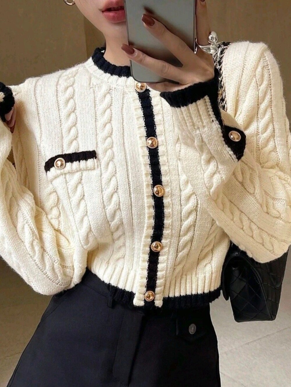 Women's Elegant Contrast Trim Button Knit Sweater, Autumn Long Sleeve Tops